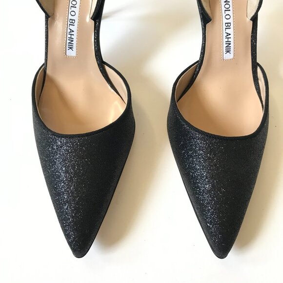 NIB NEW Manolo Blahnik Carolyne 70 Glitter Shoes Womens 37.5 Black Slingback 7.5 - Picture 5 of 14